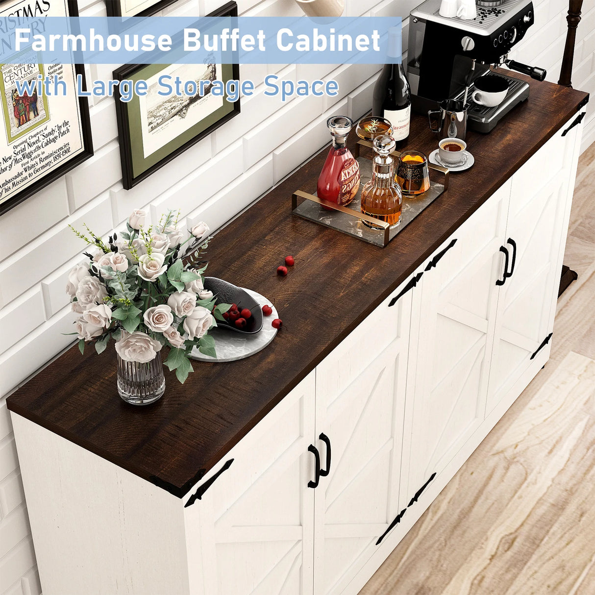 Farmhouse 65-Inch Wood Adjustable Shelf Sideboard Cabinet