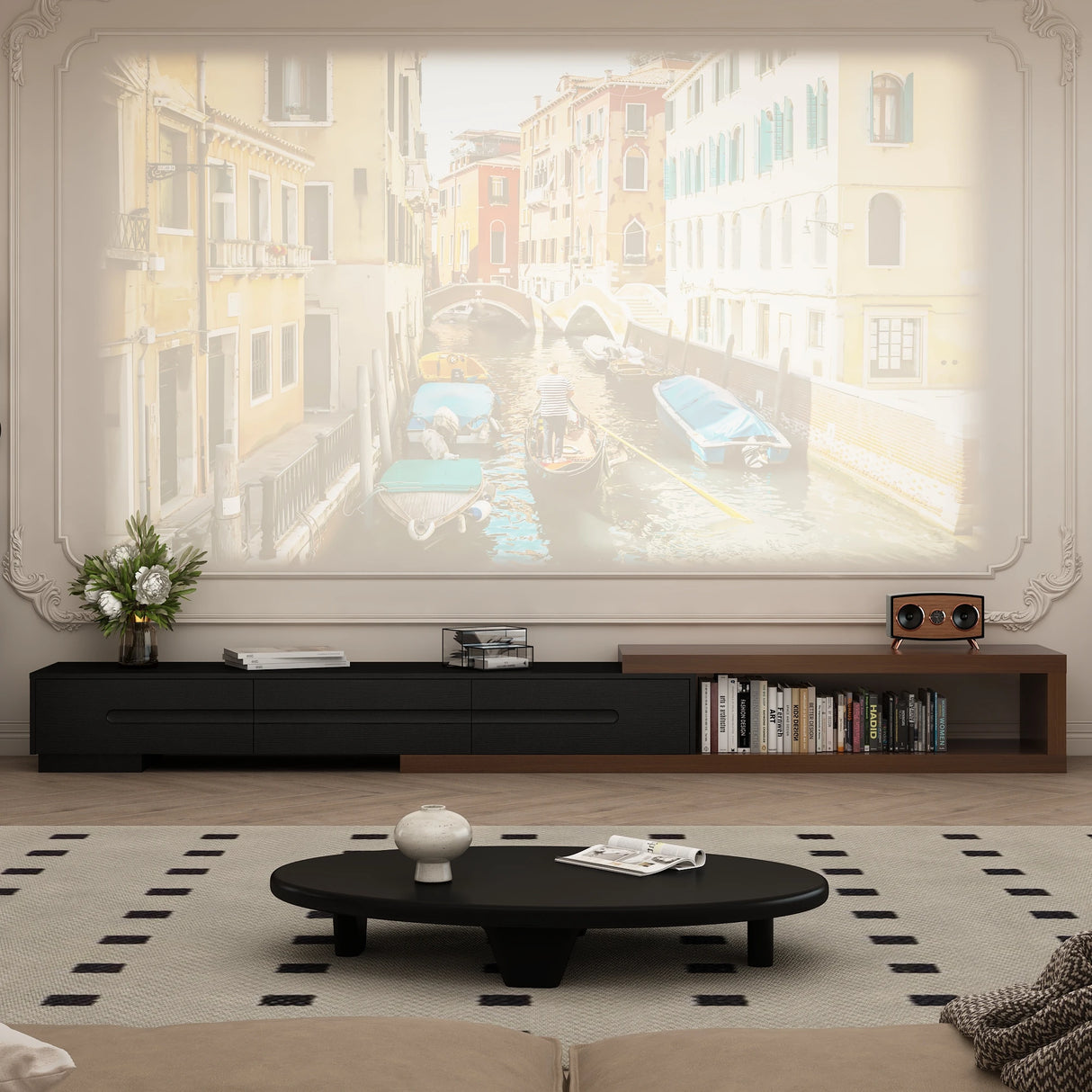 Extendable Reversible Engineered Wood TV Stand With Drawers