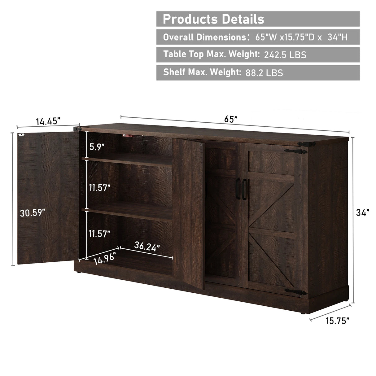 Farmhouse Engineered Wood Adjustable Shelf Sideboard Cabinet
