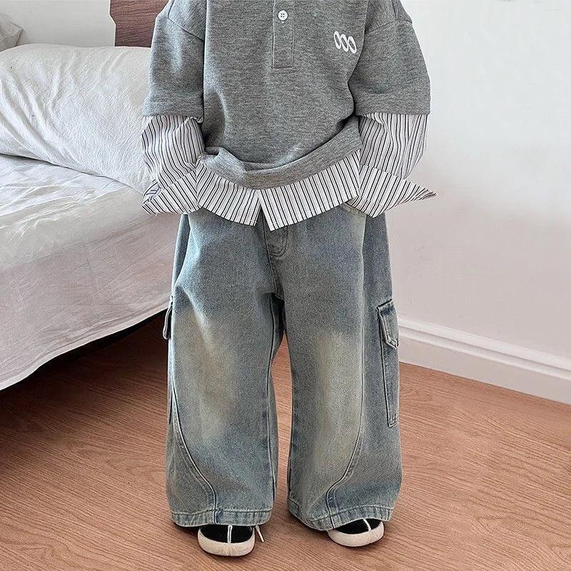 Children’s Loose Fit Mid Waist Big Pocket Straight Jeans - Omega Lifestyles