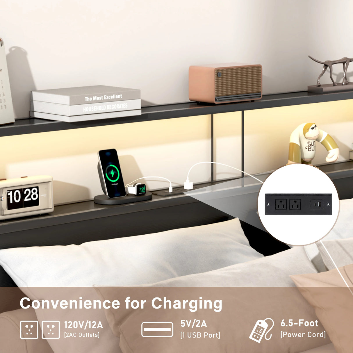 King Size Industrial LED Light Storage Platform Bed Frame