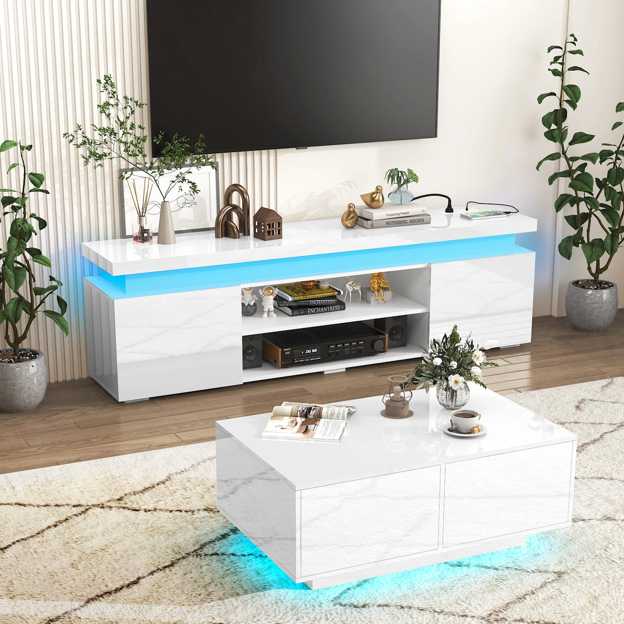 Modern 74-Inch LED TV Stand With Power Outlet and USB Ports