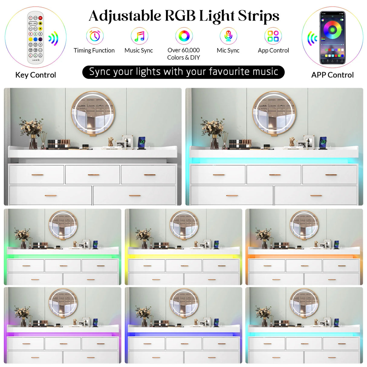 Modern 7-Drawer Wooden Dresser With LED Light