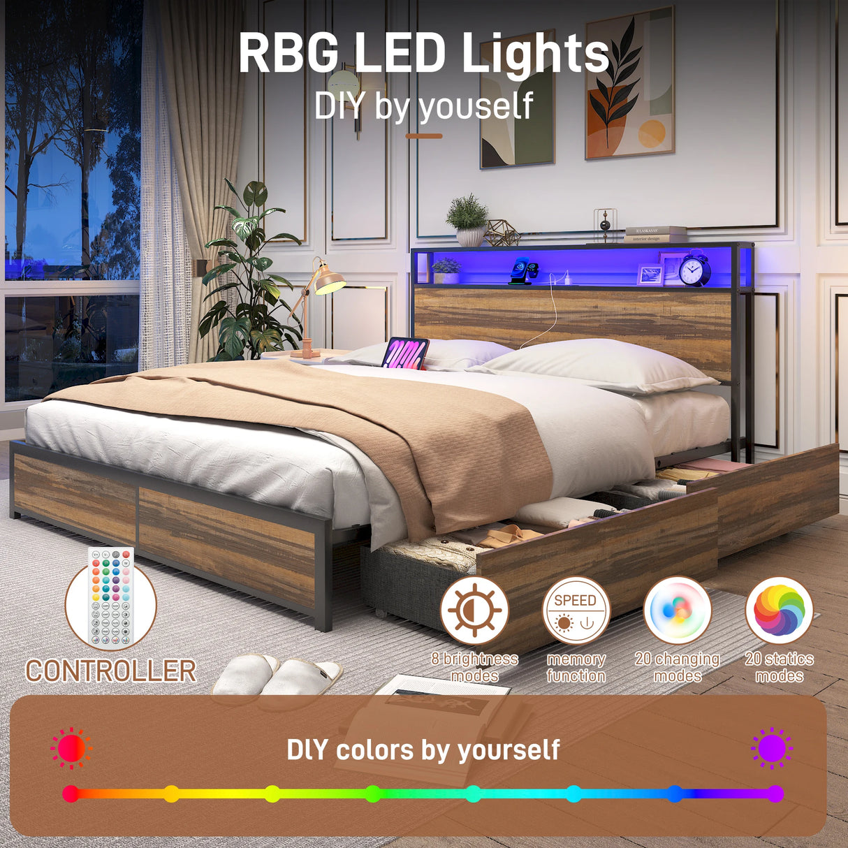 Queen LED Platform Bed Frame With Storage Drawers and USB Charging