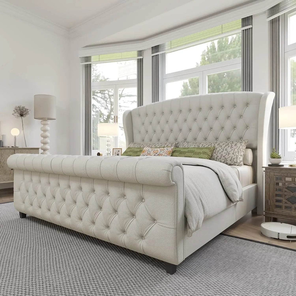Chenille Upholstered Sleigh Bed Frame - Omega Lifestyles