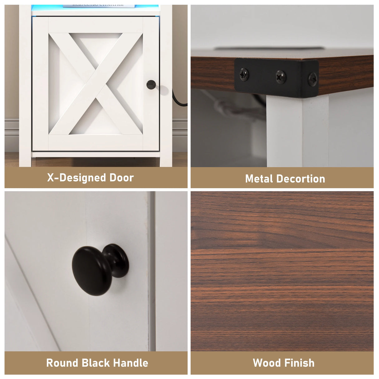 Farmhouse LED Nightstand Set of 2 With Charging Station