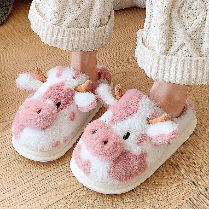 Women’s Winter Plush Cartoon Cow Indoor Slippers