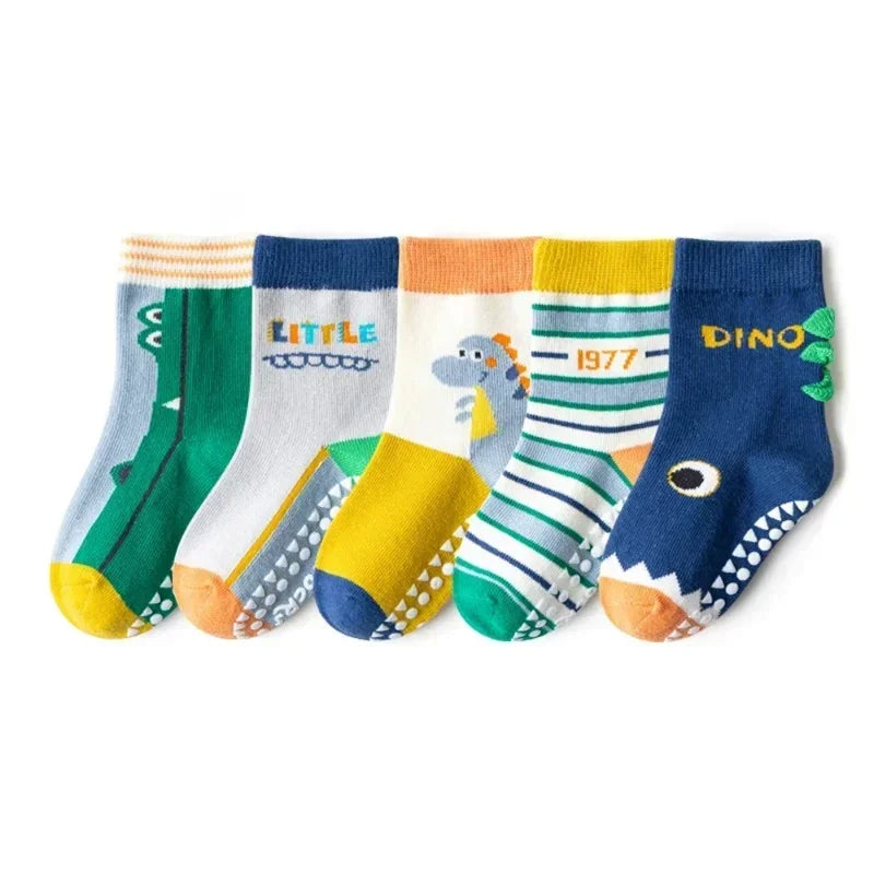 Pack Of 5 Kids Cartoon Non-Slip Cotton Socks