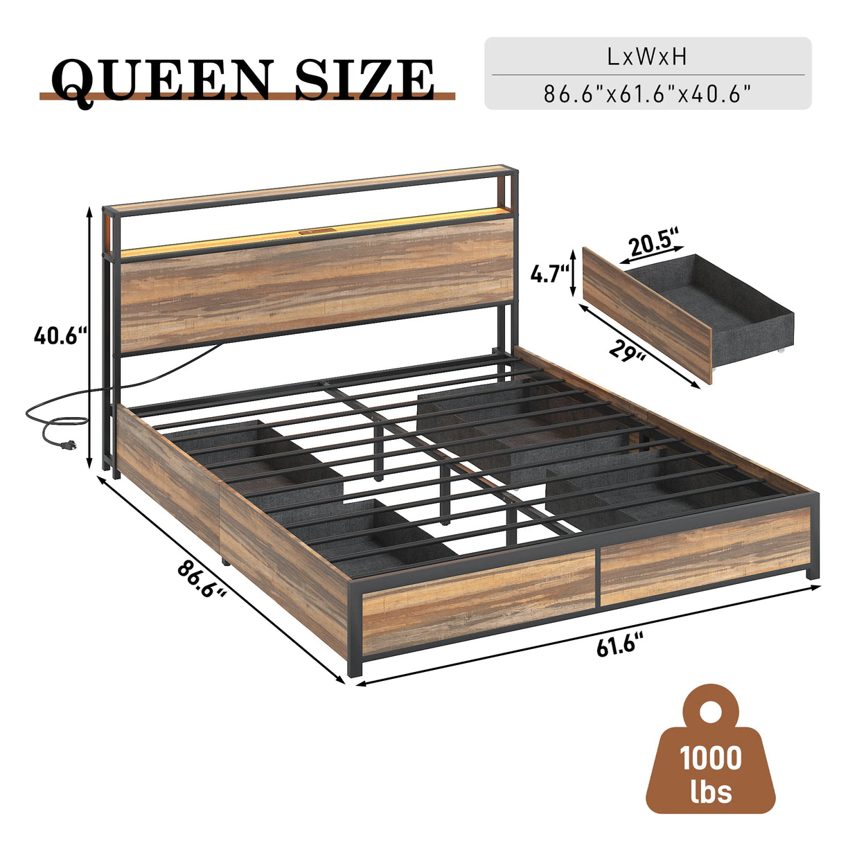 Queen LED Platform Bed Frame With Storage Drawers and USB Charging