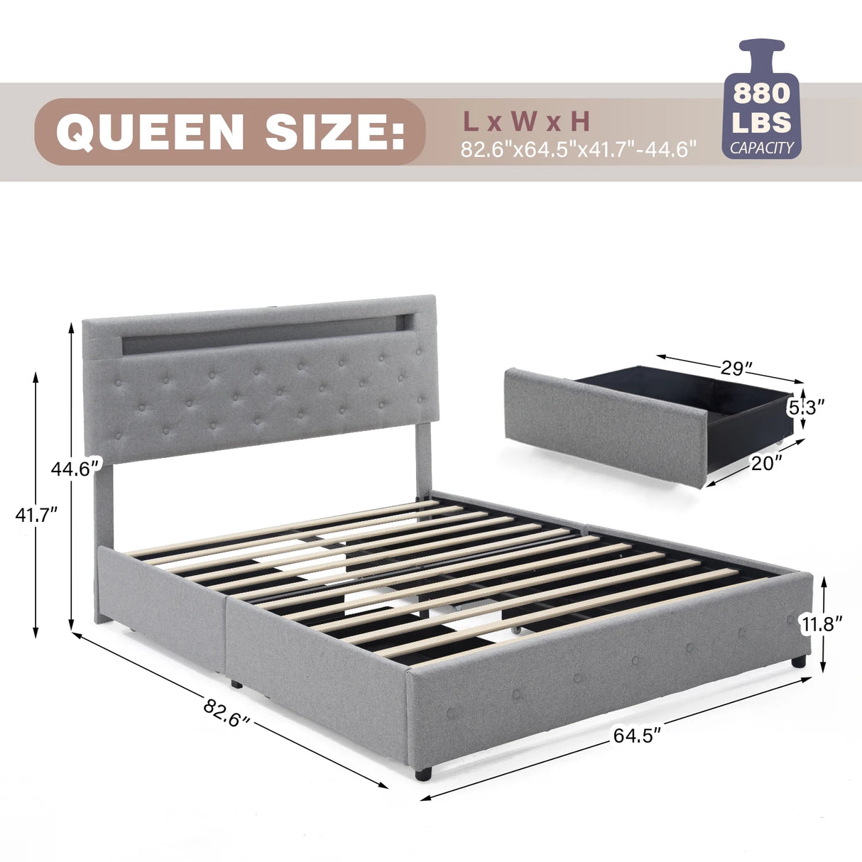 Queen LED Storage Bed Frame With Adjustable Headboard
