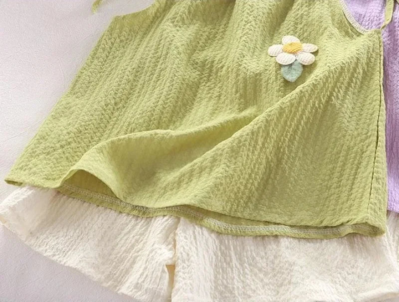 Floral Embellished Halter Top And Shorts Set For Girls