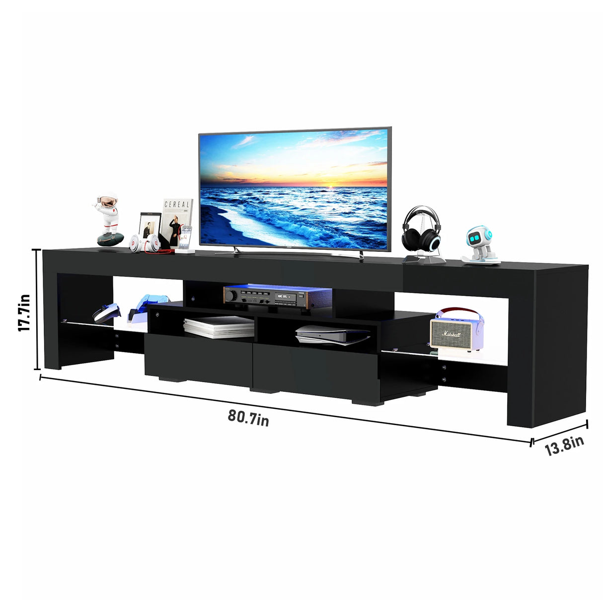 Modern RGB LED Wooden TV Stand With Storage Drawers