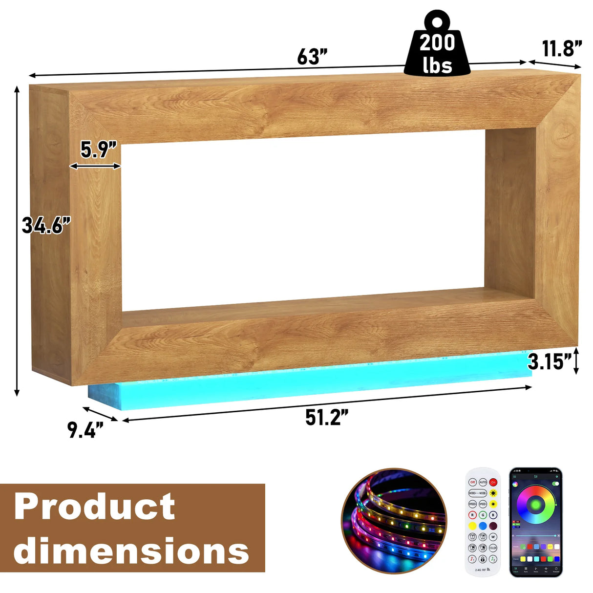 Wooden Farmhouse Console Table With 6000-Color Lighting