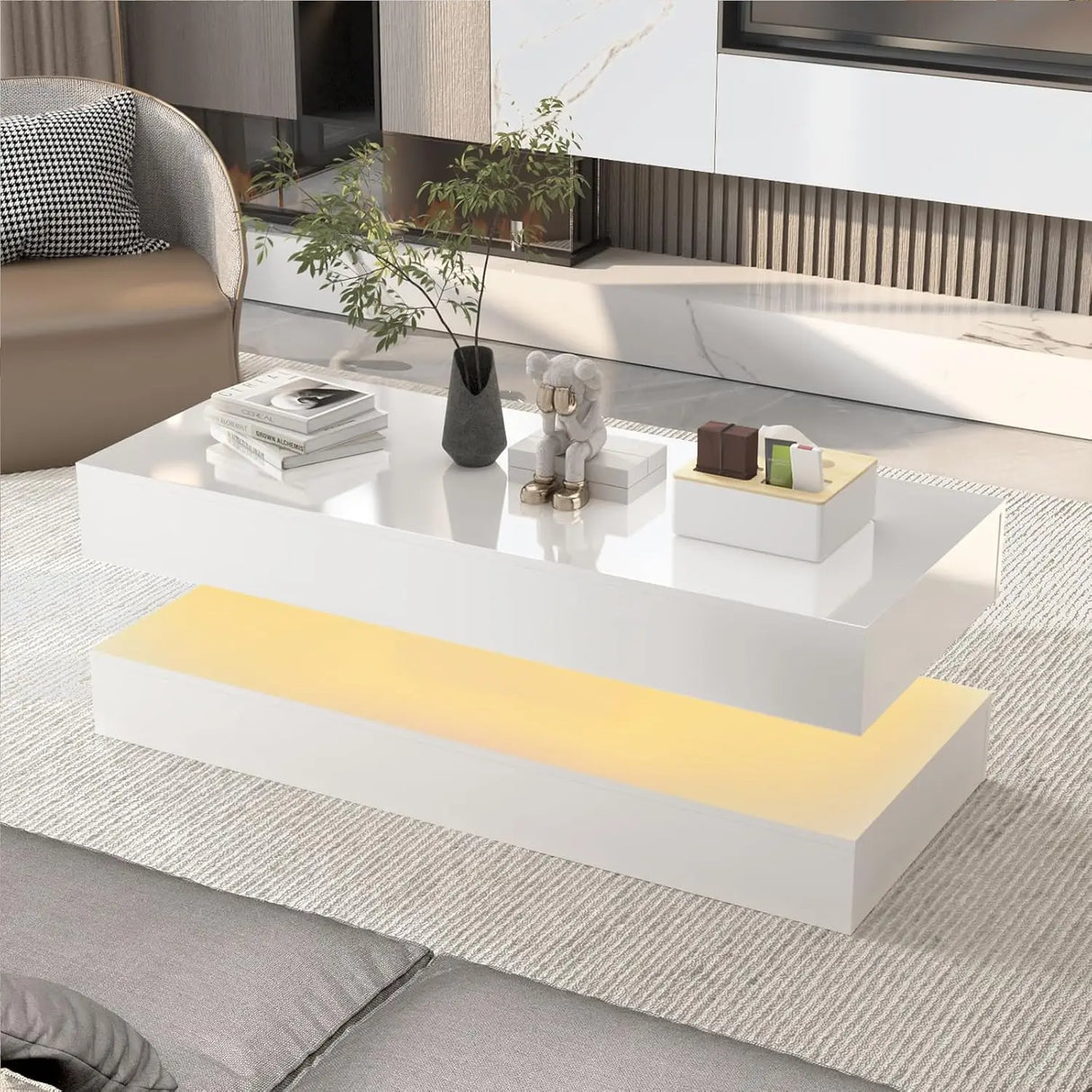Modern LED High Glossy Wood Coffee Table With Storage