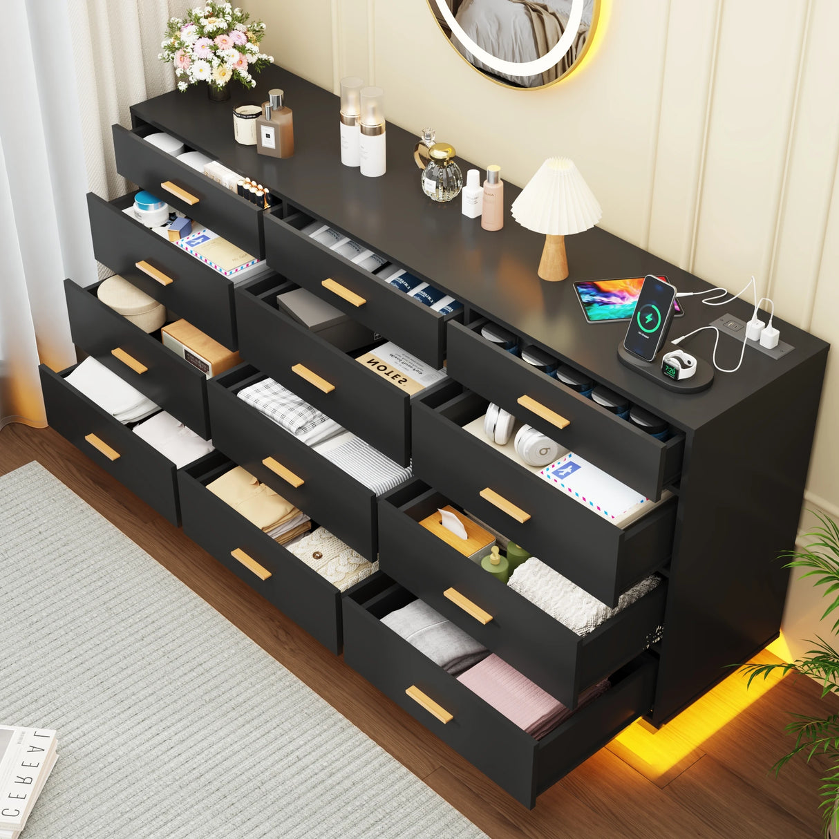 Modern 12-Drawer Dresser With Built-In Charging Station
