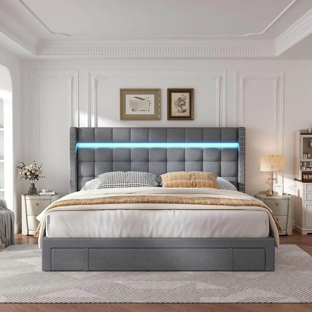Queen Upholstered Bed Frame With Storage Drawers - Omega Lifestyles