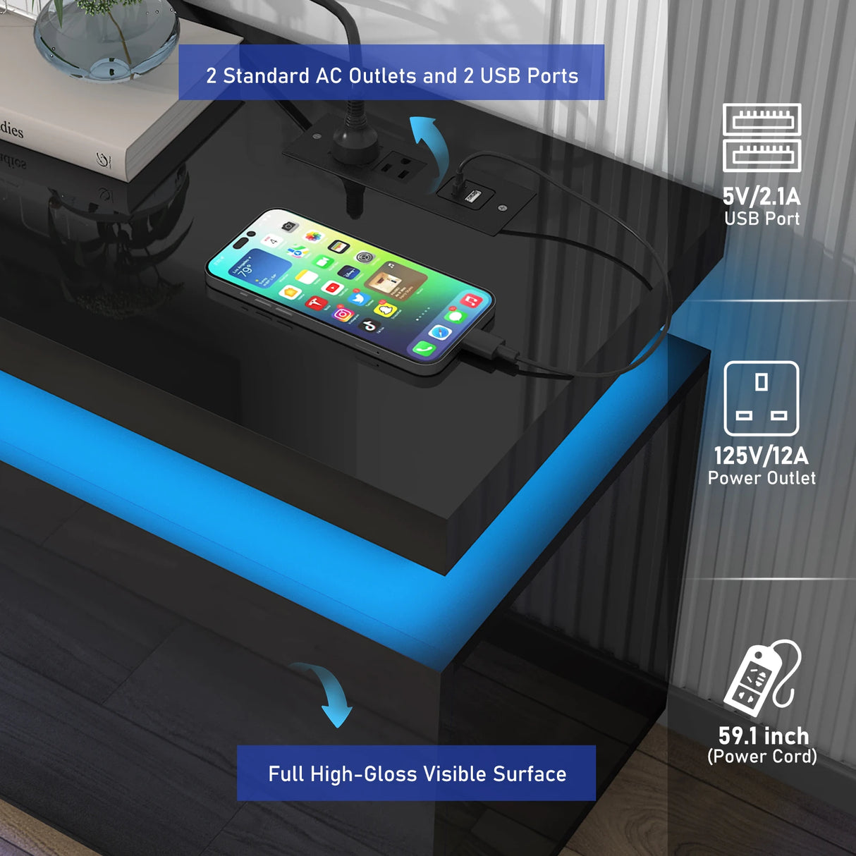 Modern 74-Inch LED TV Stand With Power Outlet and USB Ports