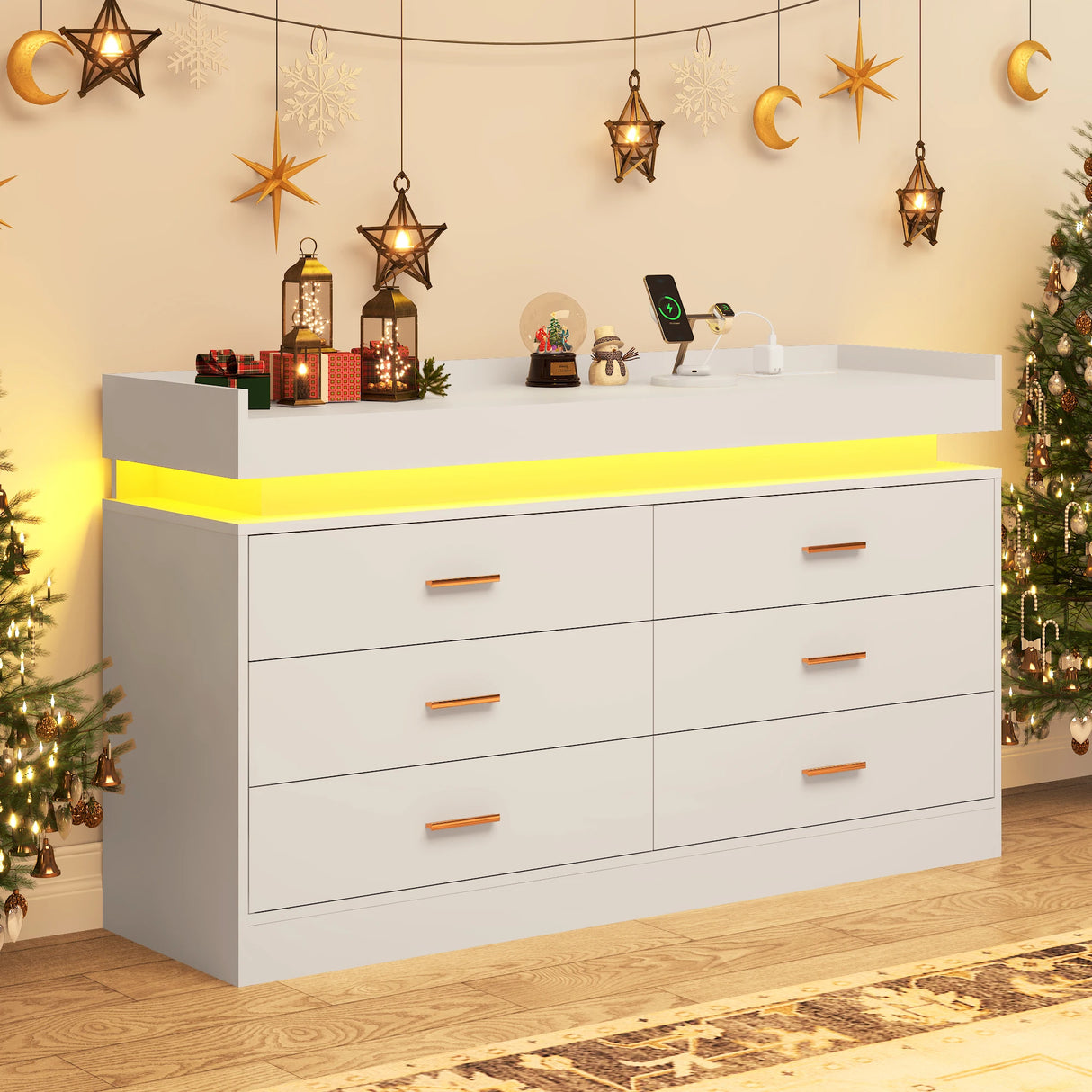 Modern 6 Drawer Wooden Dresser With LED Light