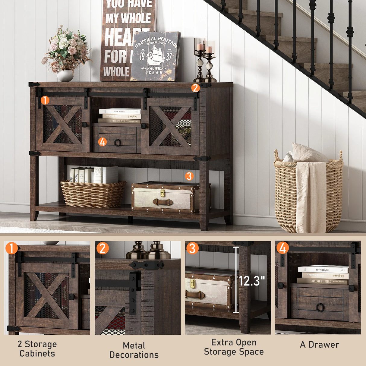 Antique Wood Farmhouse Entryway Table With Sliding Barn Doors