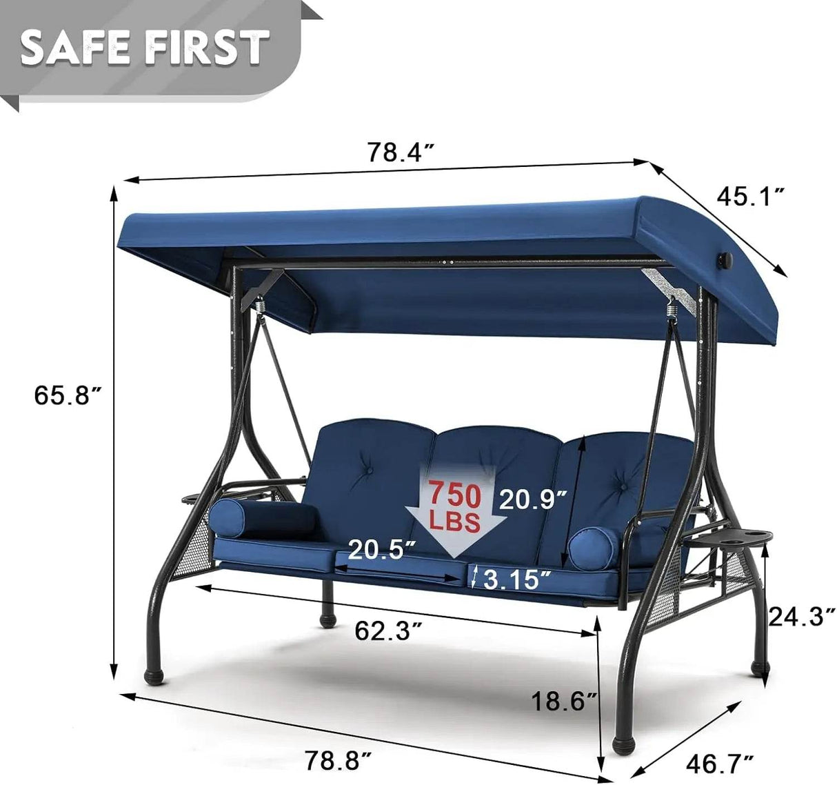 3-Seat Outdoor Porch Swing with Canopy - Omega Lifestyles