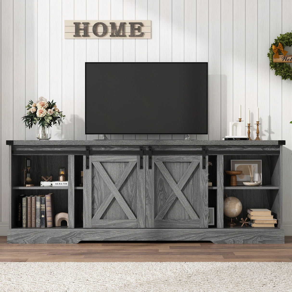 Farmhouse Wooden Sliding Barn Door Coffee Bar Cabinet