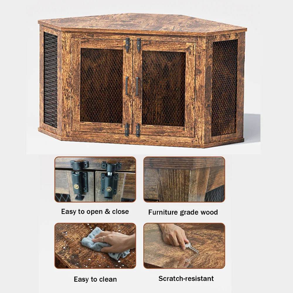 Retro Wooden Space-Saving Corner Pet Dog House - Omega Lifestyles