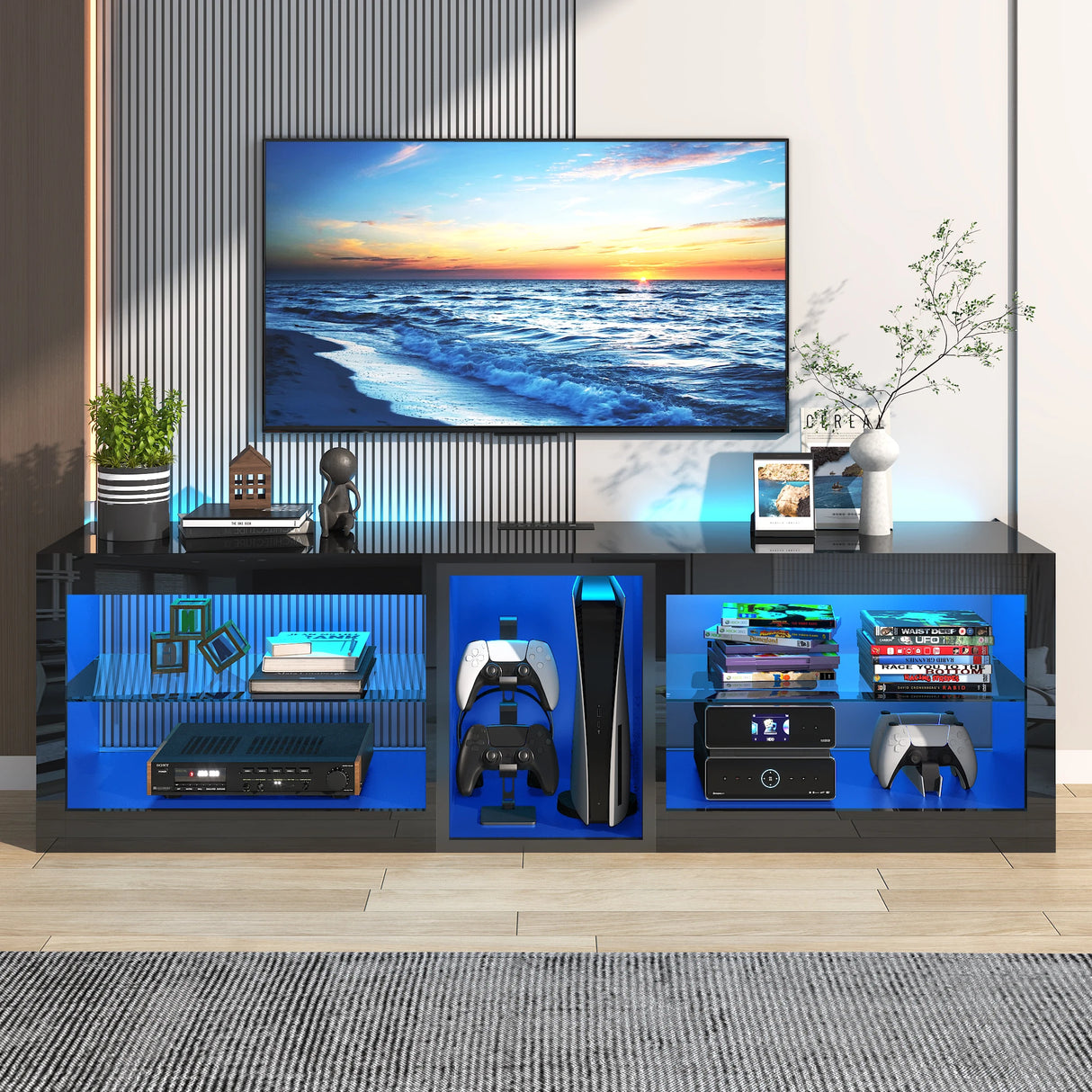 Modern 63-Inch High Gloss LED TV Stand With Storage