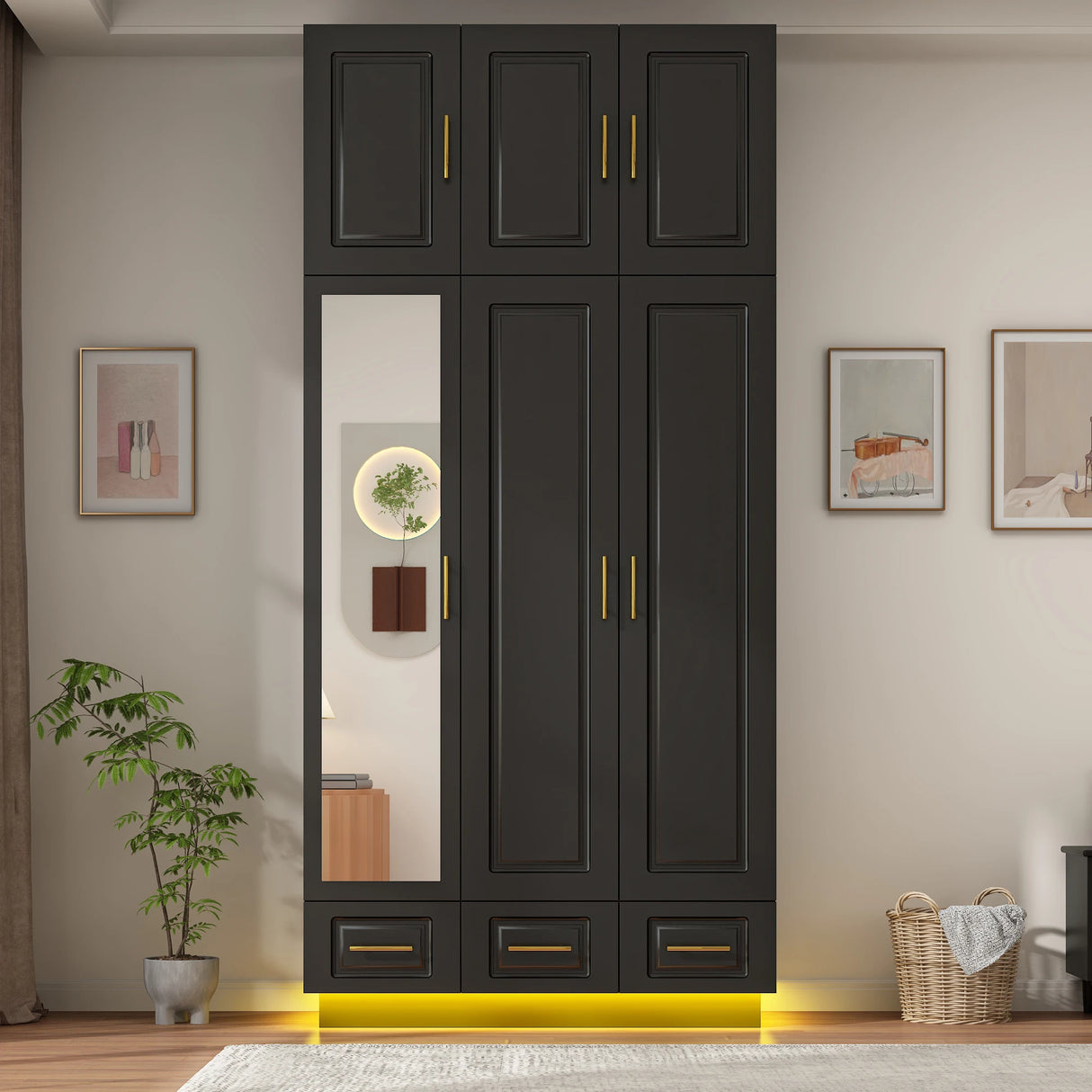 Modern 3-Door Engineered Wood Wardrobe With LED Lights