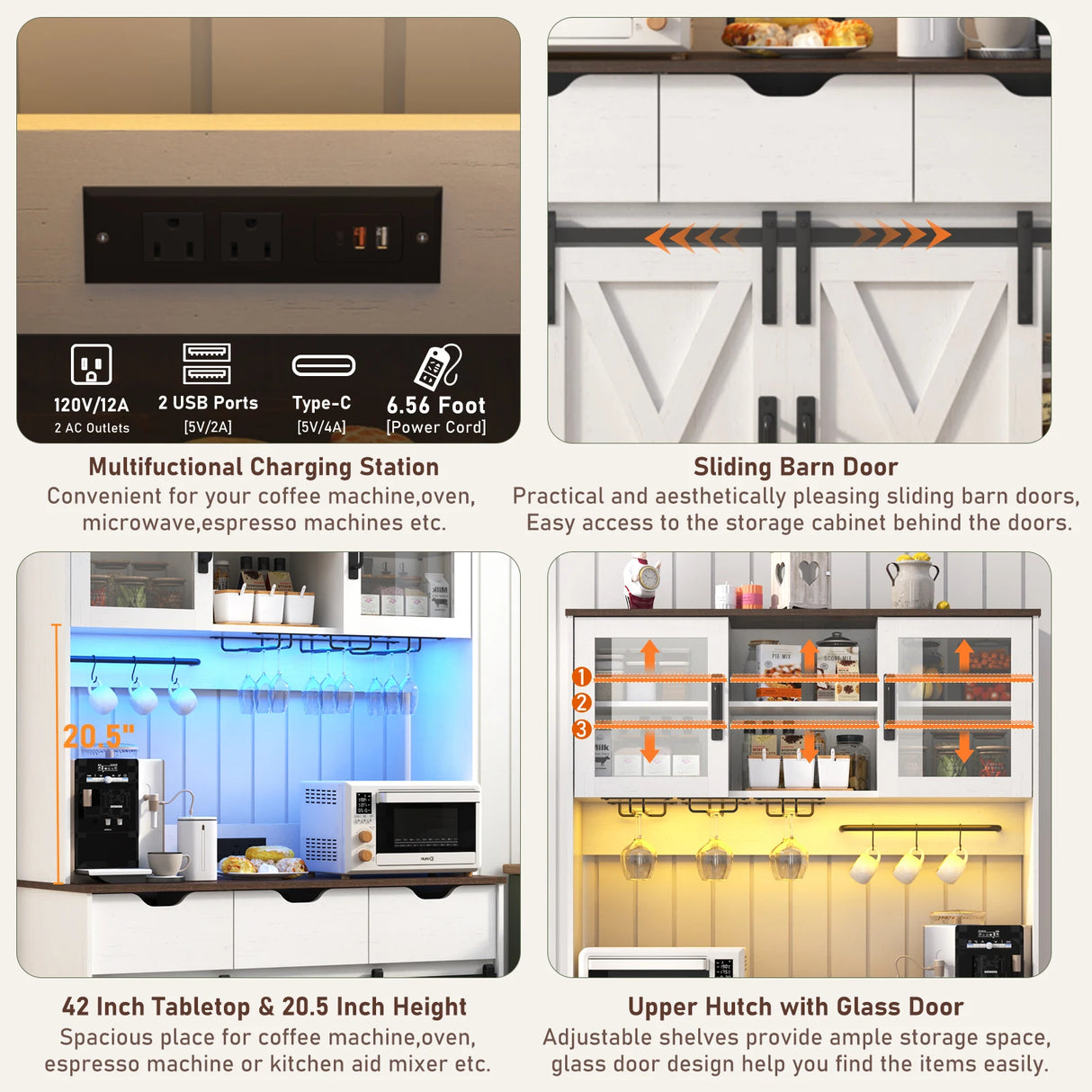 Farmhouse Wood Sliding Door Coffee Bar Cabinet With LED Lights