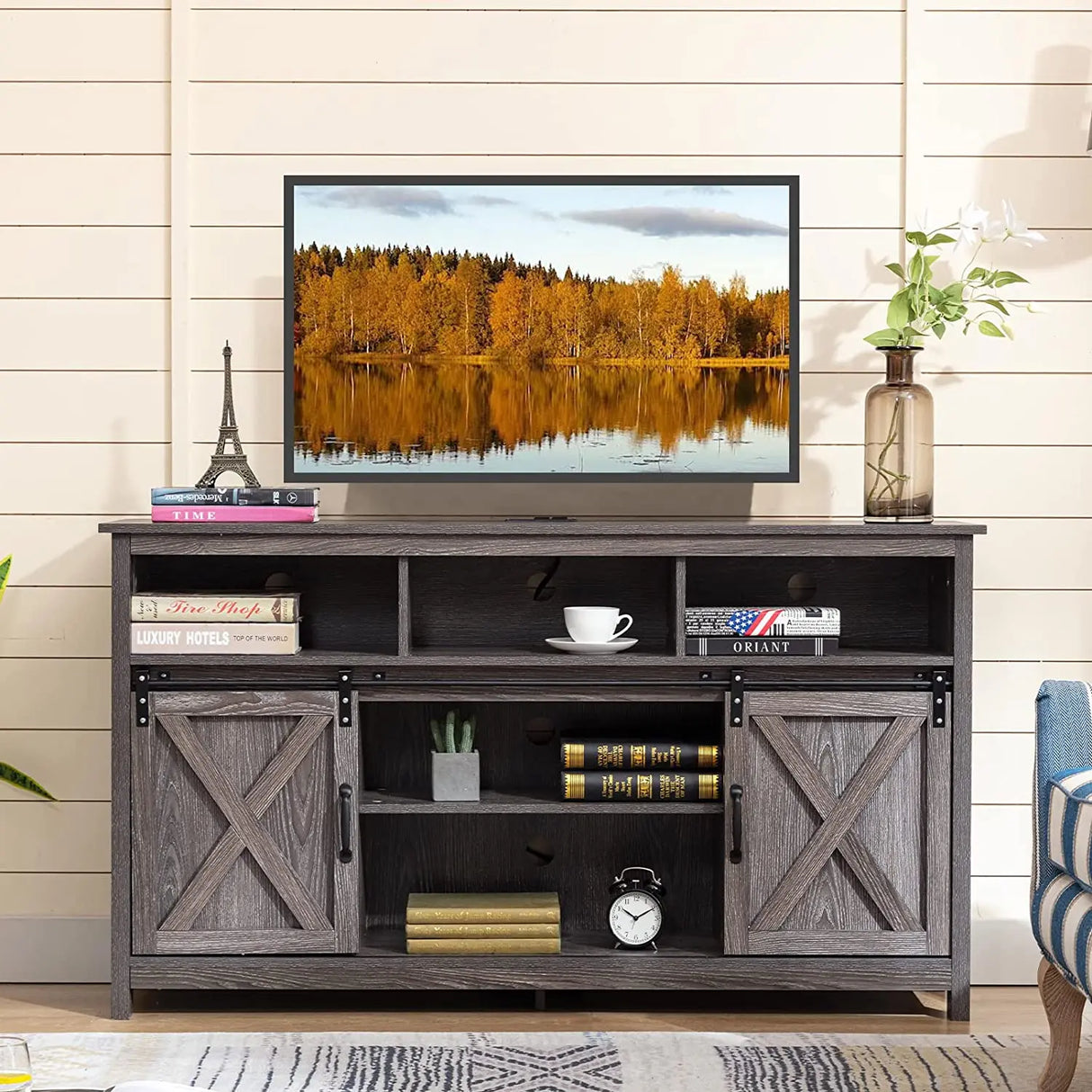 Farmhouse Wood Sliding Barn Door TV Stand Cabinet