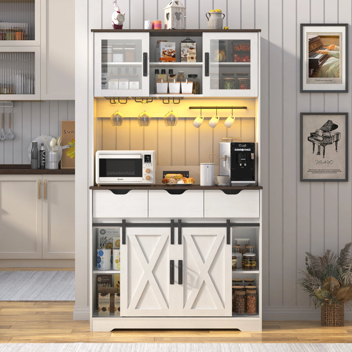 Farmhouse Wood Sliding Door Coffee Bar Cabinet With LED Lights