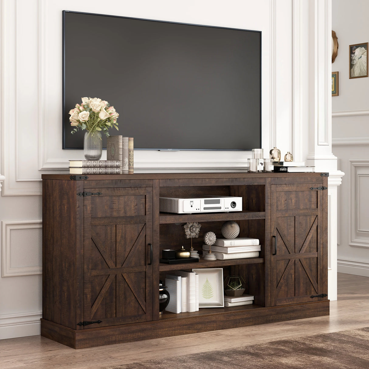 66-Inch Farmhouse Wooden TV Stand With Power Outlets