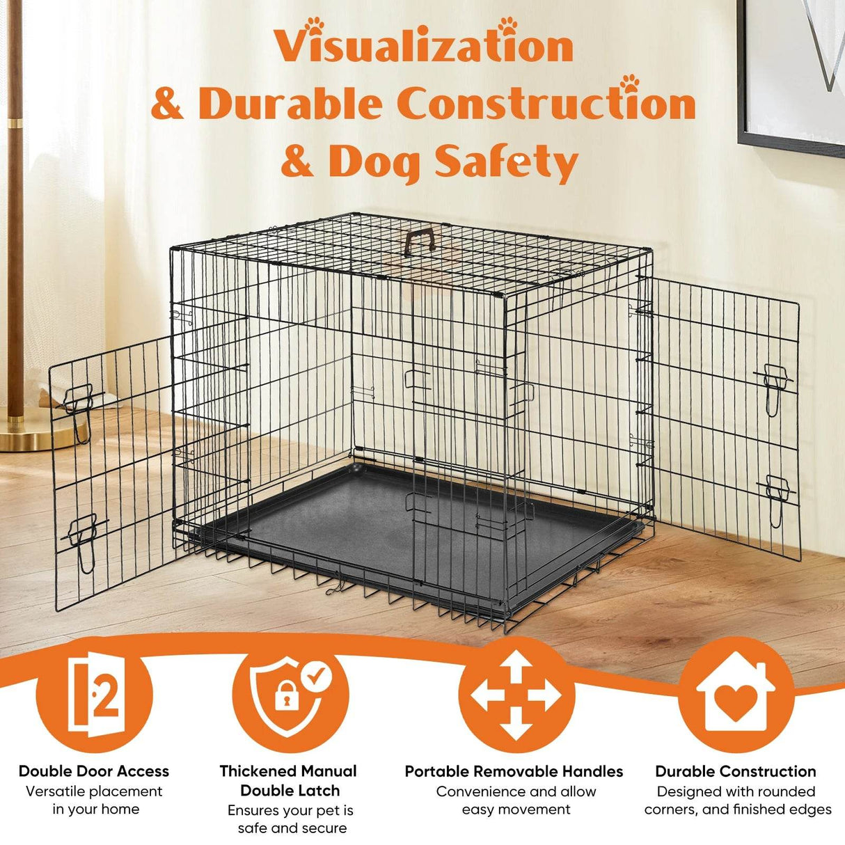 Foldable Double Door Metal Wire Dog Crate With Leak-Proof Tray - Sleep Galleria