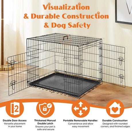 Foldable Double Door Metal Wire Dog Crate With Leak-Proof Tray - Sleep Galleria