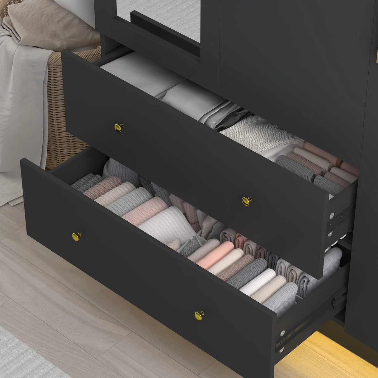 Modern Engineered Wood 3-Door Wardrobe Closet With Mirror