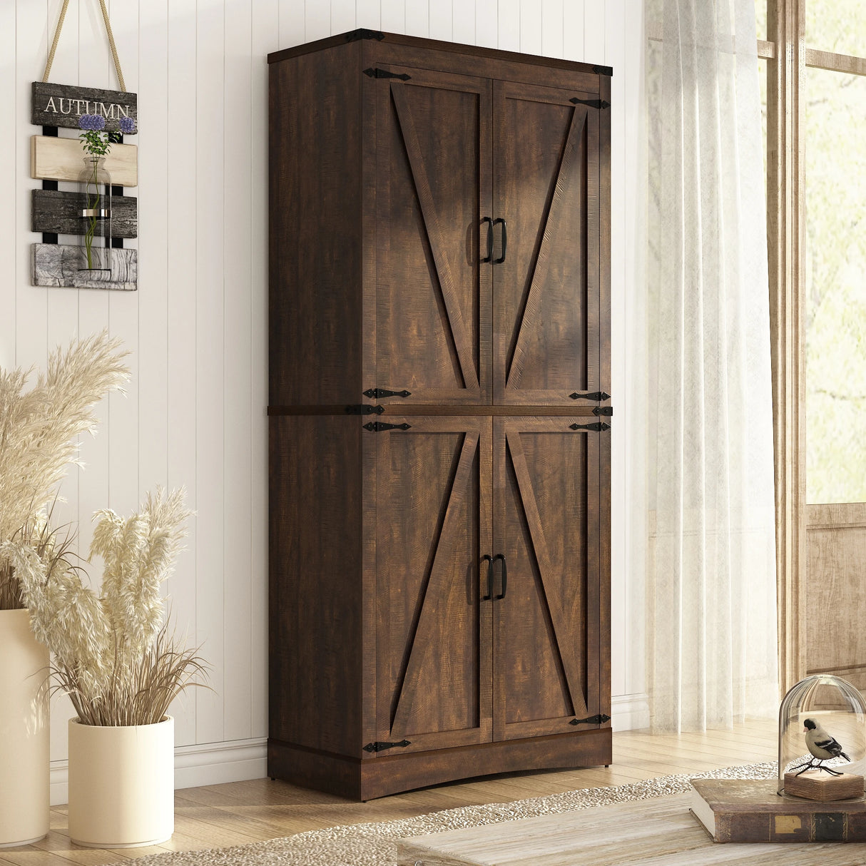 71-Inch Farmhouse Adjustable Shelves Storage Cabinet