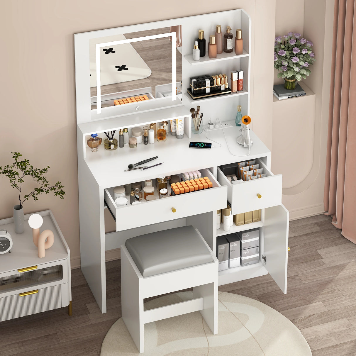 Modern Wooden Vanity Desk With Mirror Lights Charging Station