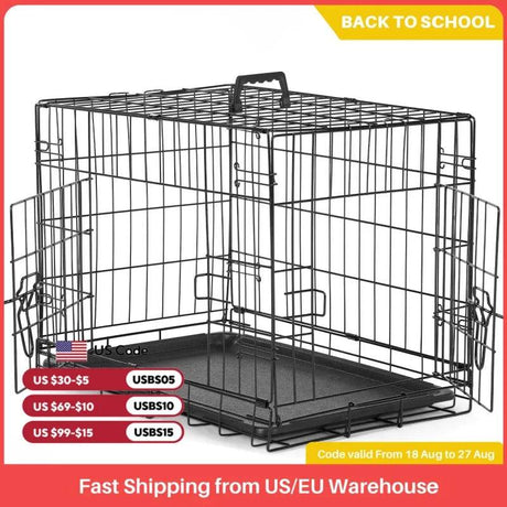 Foldable Double Door Metal Wire Dog Crate With Leak-Proof Tray - Sleep Galleria