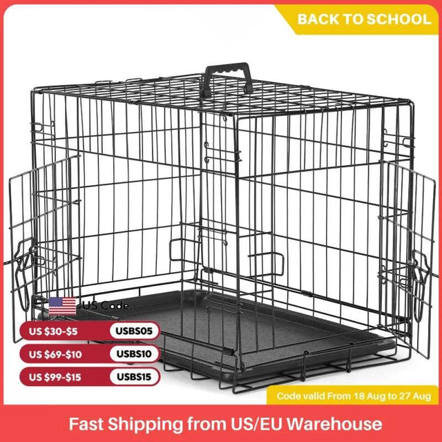 Foldable Double Door Metal Wire Dog Crate With Leak-Proof Tray - Sleep Galleria