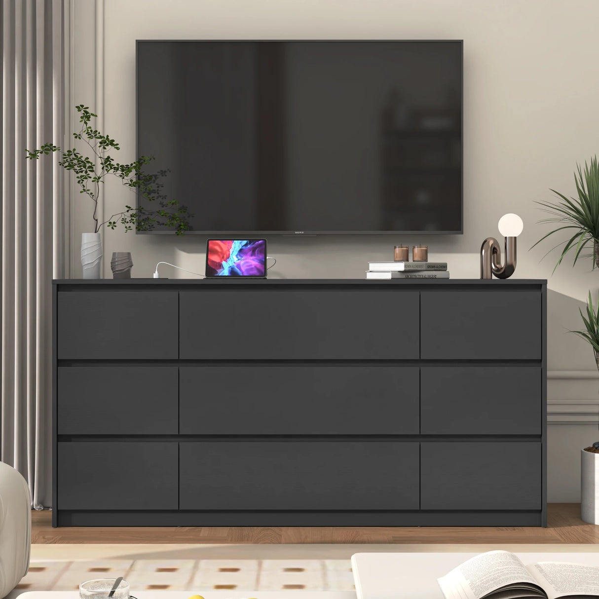 Modern 9 Drawer Engineered Wood Dresser With Charging Station