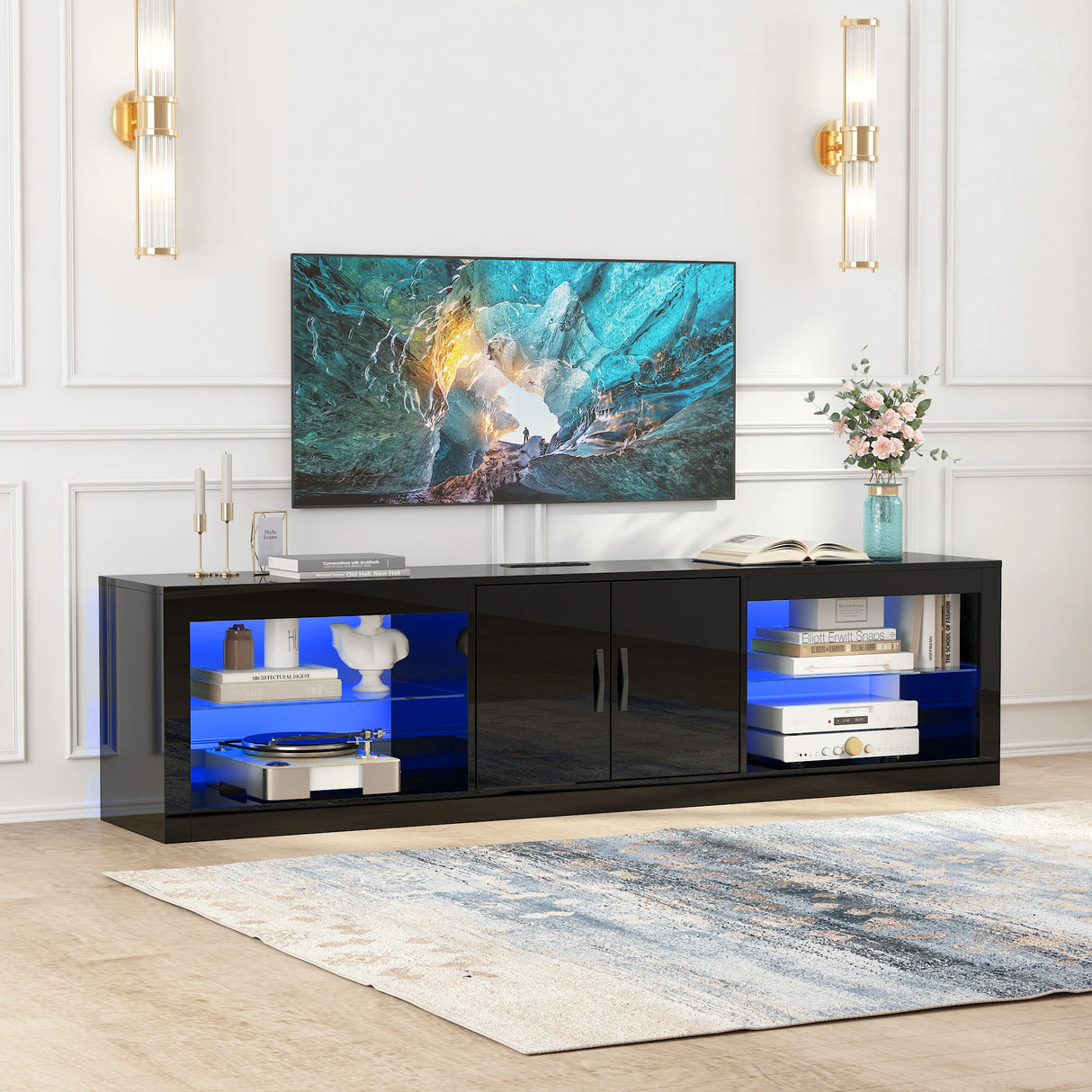 Modern High Gloss 72-Inch LED TV Stand With Storage