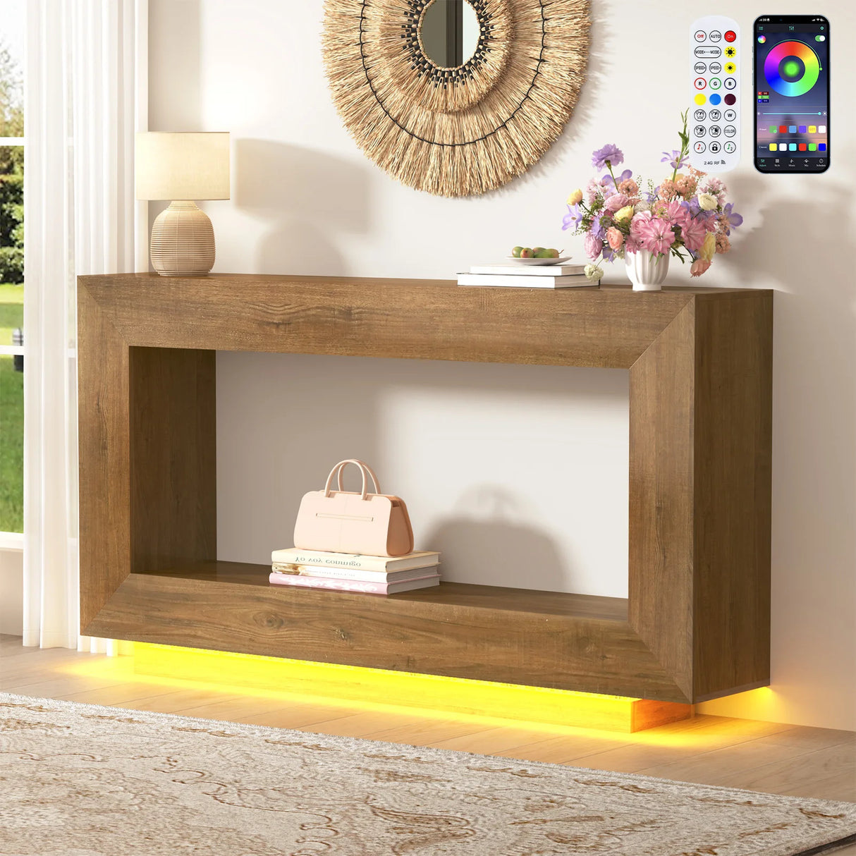 Wooden Farmhouse Console Table With 6000-Color Lighting