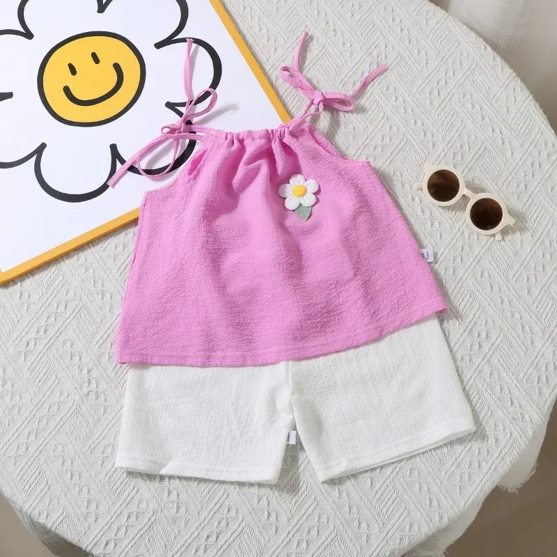 Floral Embellished Halter Top And Shorts Set For Girls