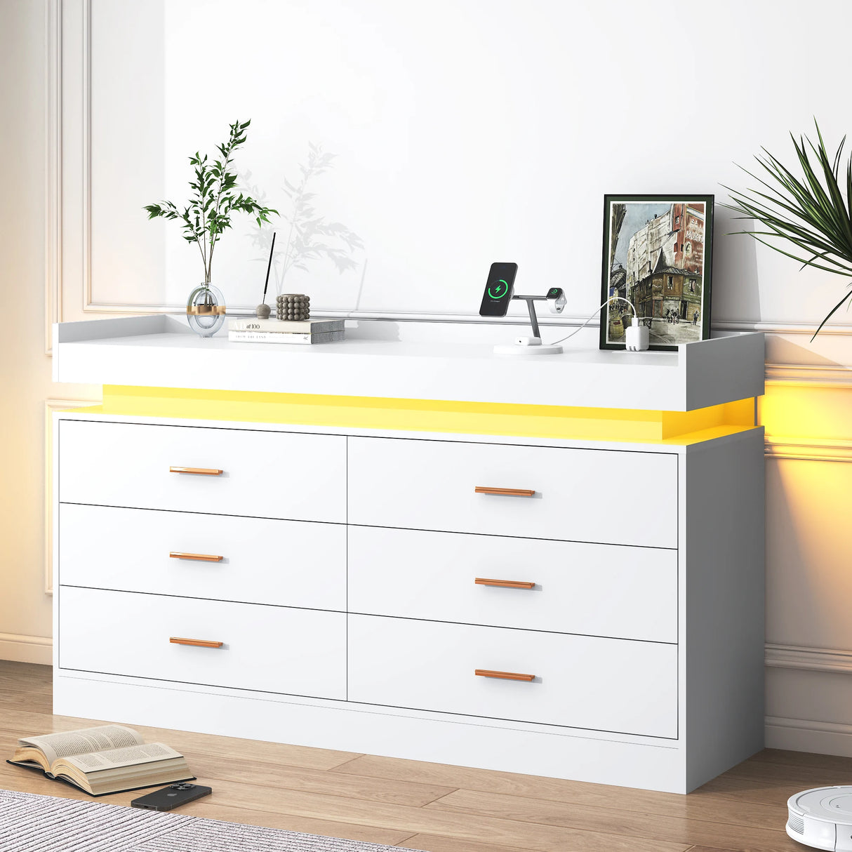 Modern 6-Drawer Wooden Dresser With LED Light