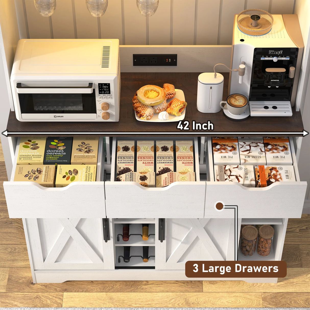 Farmhouse Wood Sliding Door Coffee Bar Cabinet With LED Lights