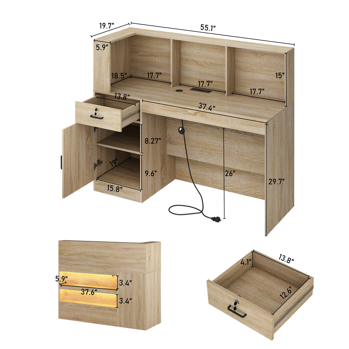 Modern LED Reception Desk With Storage Cabinets and Power Outlets