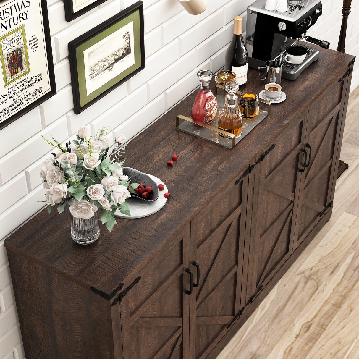 Farmhouse Engineered Wood Adjustable Shelf Sideboard Cabinet