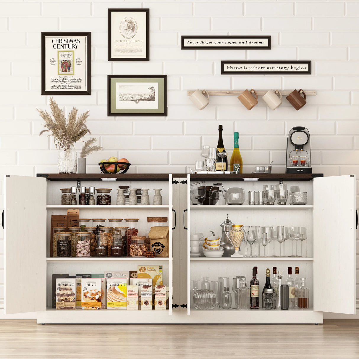 Farmhouse 65-Inch Wood Adjustable Shelf Sideboard Cabinet