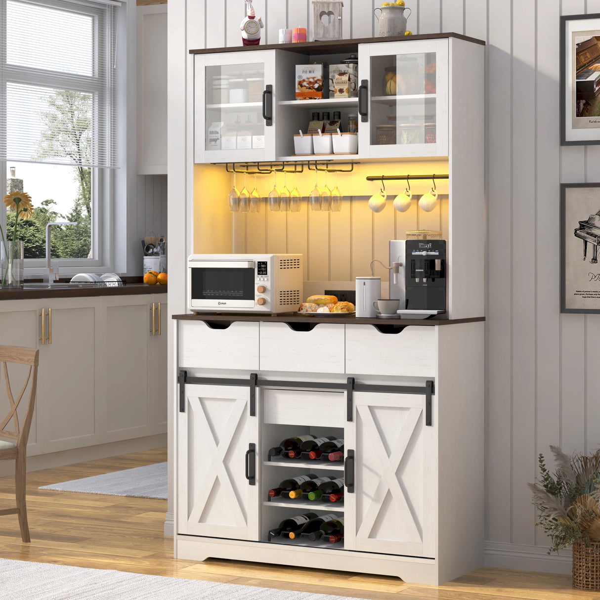 Farmhouse Wood Sliding Door Coffee Bar Cabinet With LED Lights