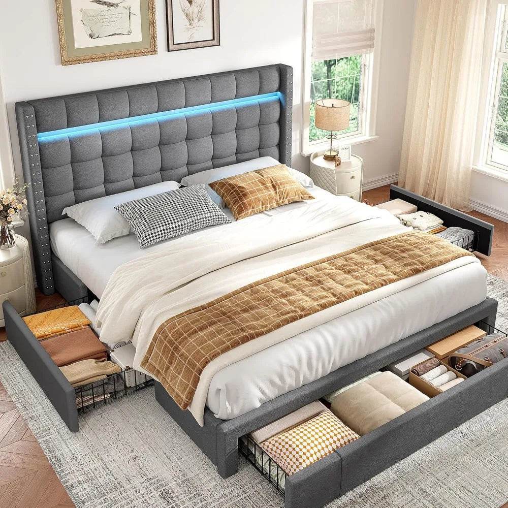 Queen Upholstered Bed Frame With Storage Drawers - Omega Lifestyles
